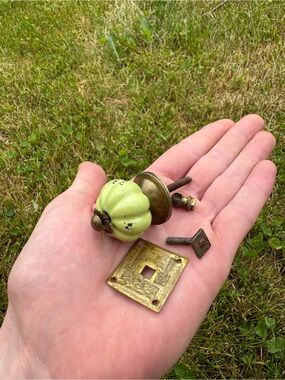 Green Pumpkin Ceramic Drawer Pull with Brass Hardware vintage